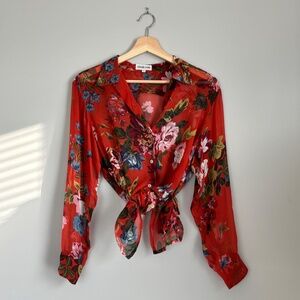 Vintage Gerard Darel Red Floral 100% silk Button Down Shirt Size 38